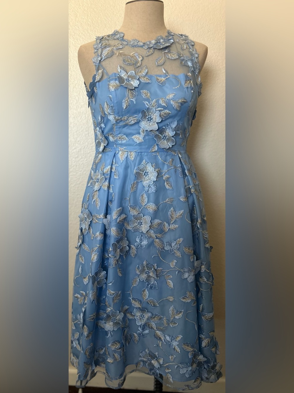 Adrianna Papell Light Blue Floral Appliqué Illusion Neck Midi Dress - Picture 4 of 13